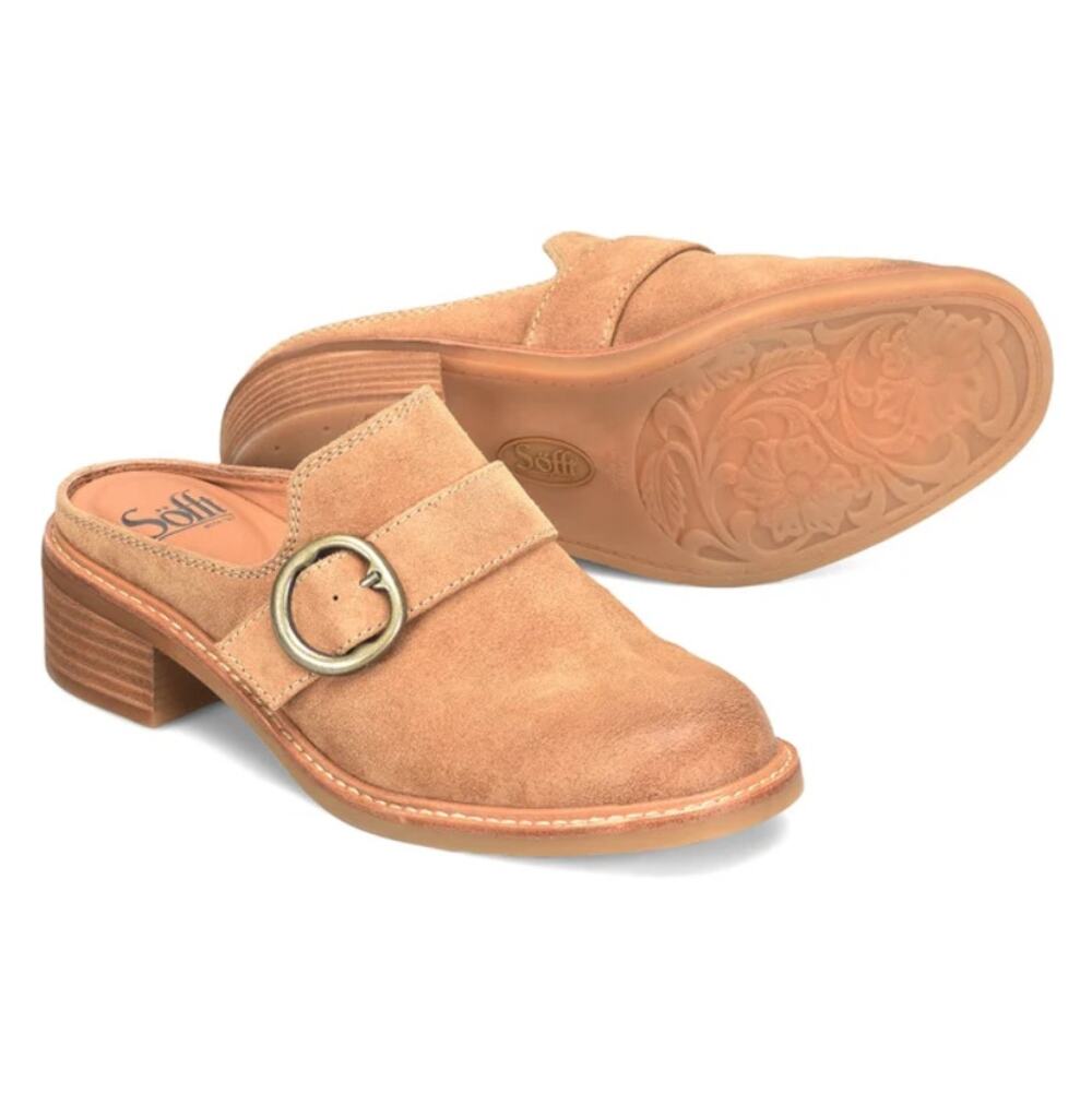 Sofft Tiffany Suede Buckle Strap Hardware Mules Cognac Size 8